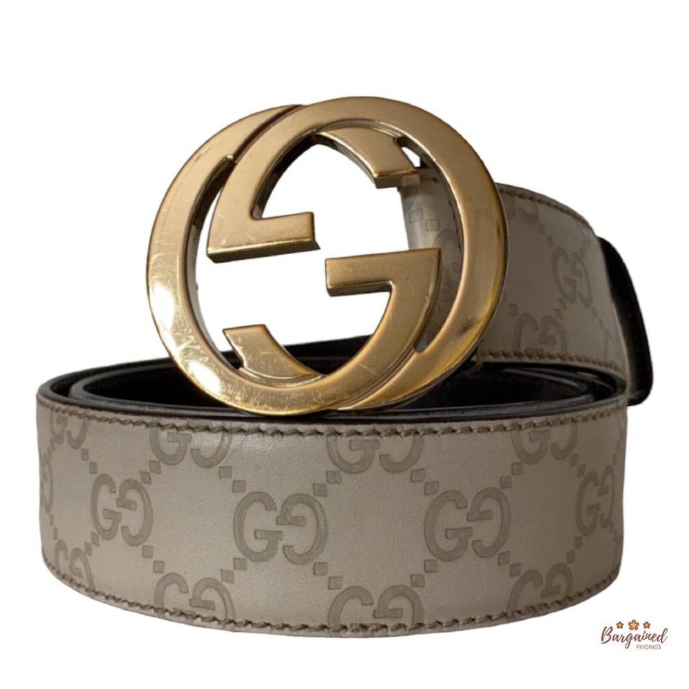 Authentic Gucci Cream Guccissima Leather Gold Interlocking G Buckle Belt 85/34